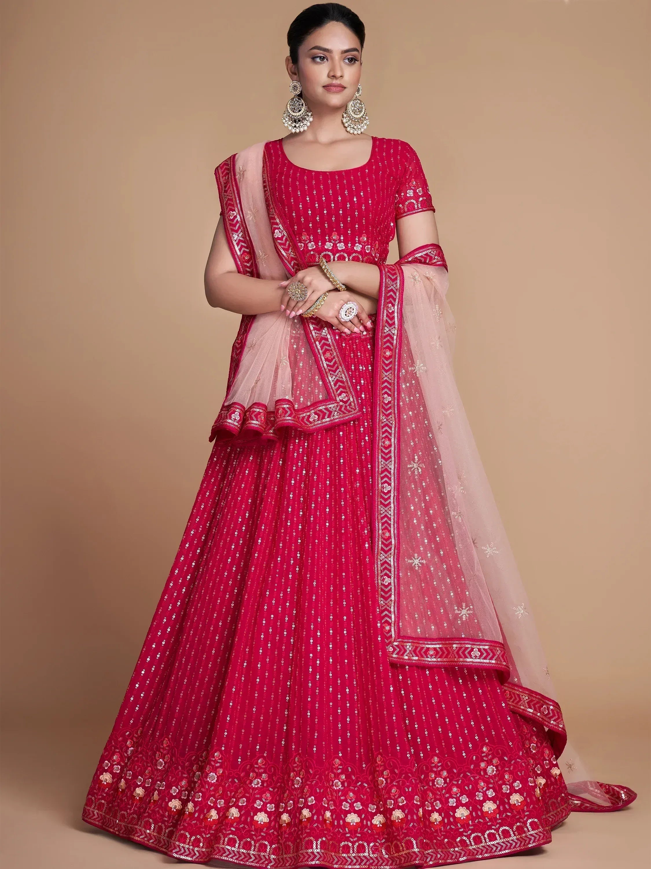Tulsi Art Wondrous Rose Pink Sequined Georgette Bridesmaid Lehenga Choli | Grocsy