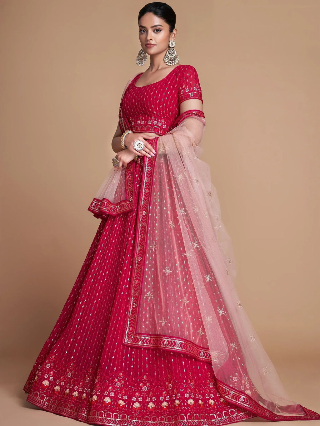 Tulsi Art Wondrous Rose Pink Sequined Georgette Bridesmaid Lehenga Choli | Grocsy