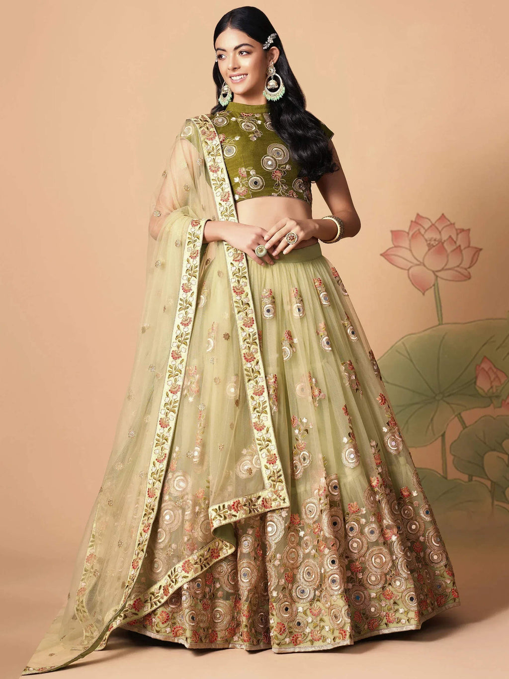 Tulsi Art Impressive Pista Green Net Embroidered Wedding Lehenga Choli | Grocsy