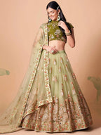 Tulsi Art Impressive Pista Green Net Embroidered Wedding Lehenga Choli | Grocsy
