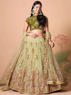 Tulsi Art Impressive Pista Green Net Embroidered Wedding Lehenga Choli | Grocsy