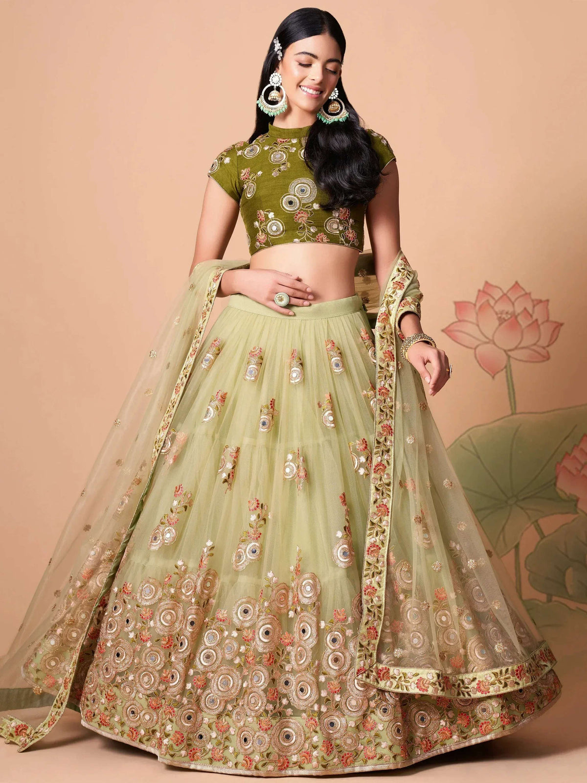 Tulsi Art Impressive Pista Green Net Embroidered Wedding Lehenga Choli | Grocsy