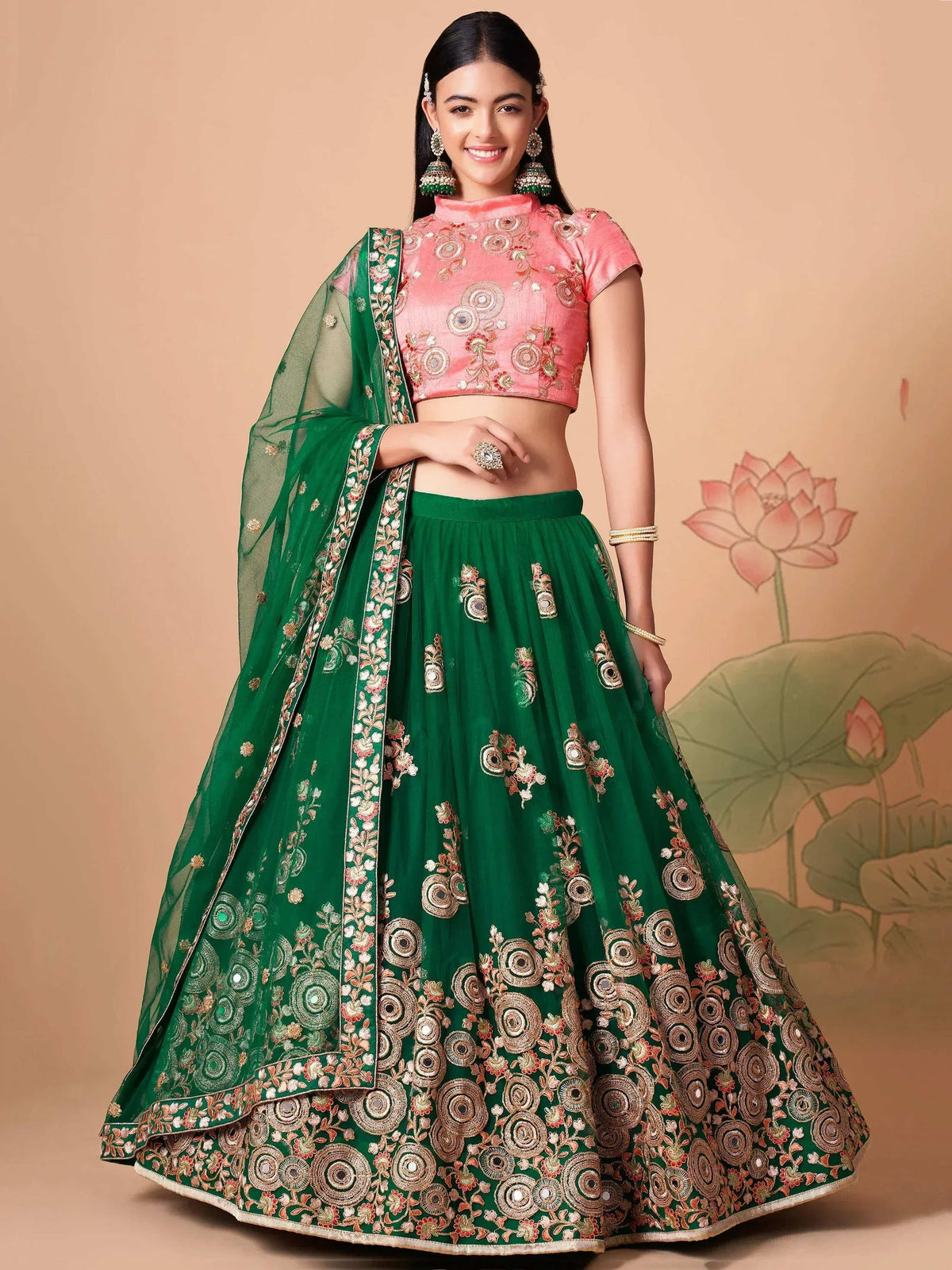 Tulsi Art Stunning Green Embroidered Net Designer Lehenga Choli | Grocsy