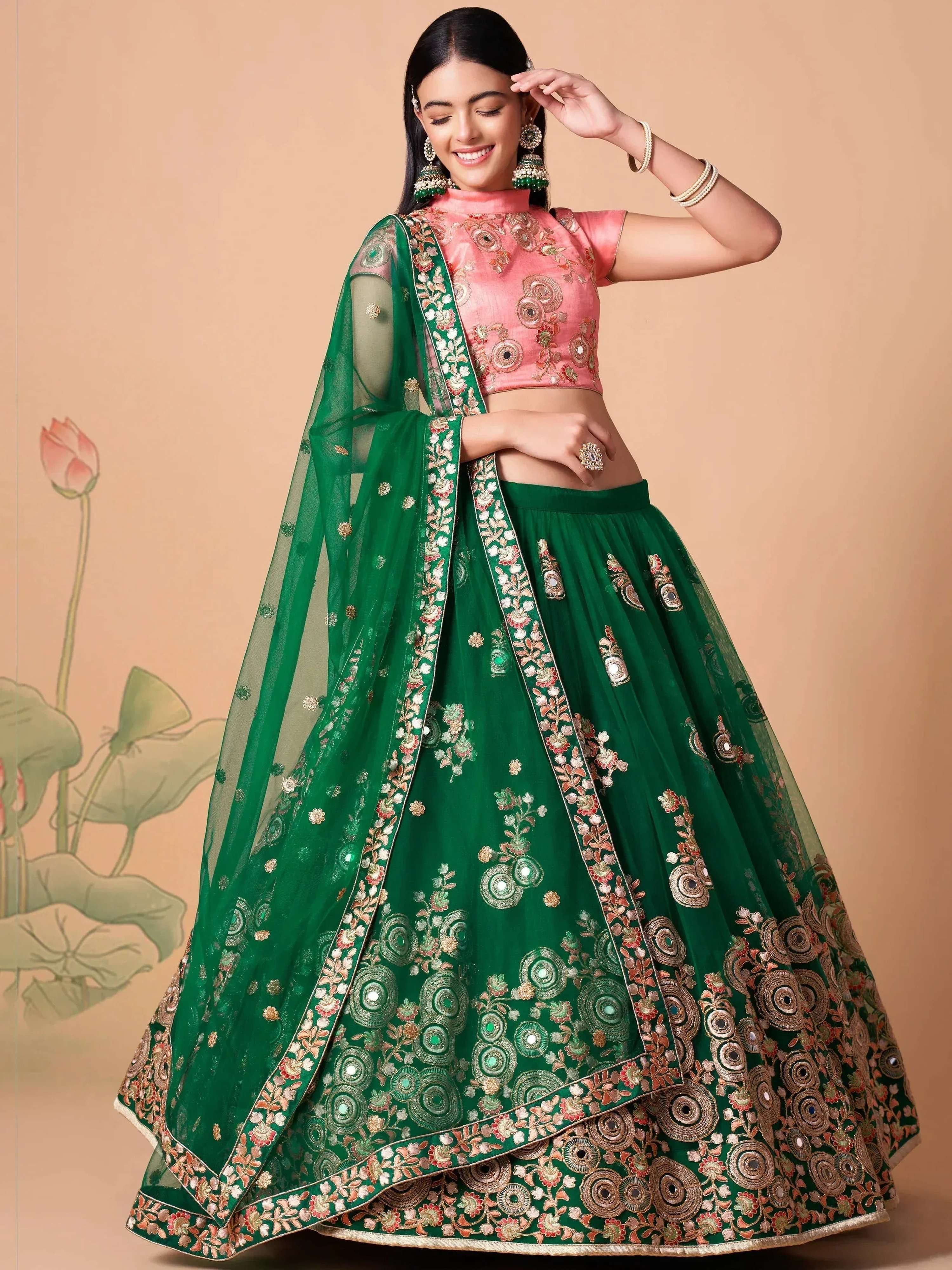 Tulsi Art Stunning Green Embroidered Net Designer Lehenga Choli | Grocsy