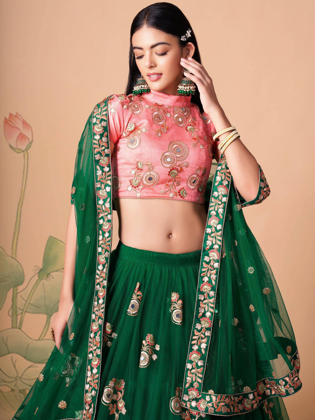Tulsi Art Stunning Green Embroidered Net Designer Lehenga Choli | Grocsy