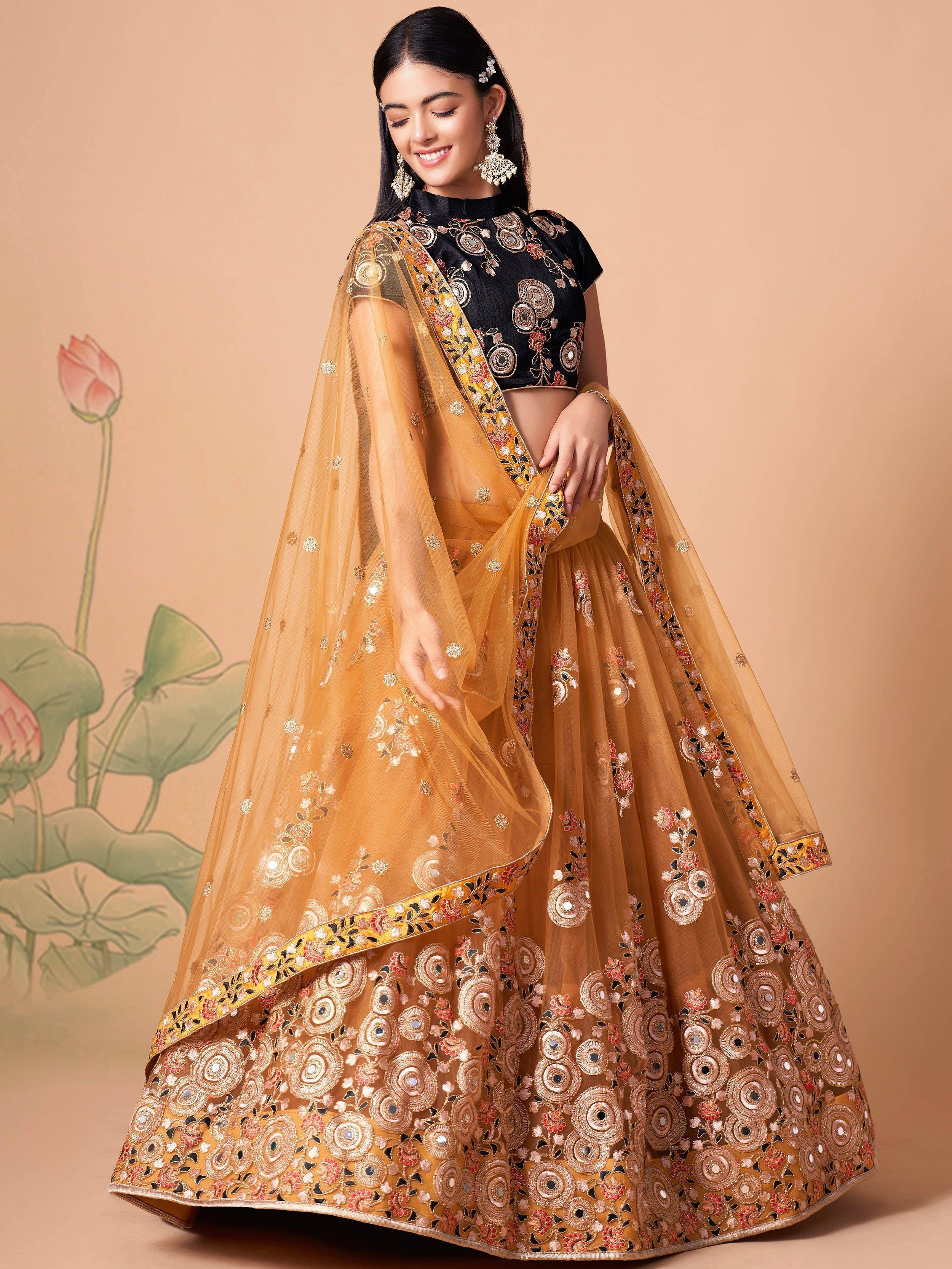 Tulsi Art Fabulous Yellow Mirror Embroidered Net Festive Lehenga Choli | Grocsy