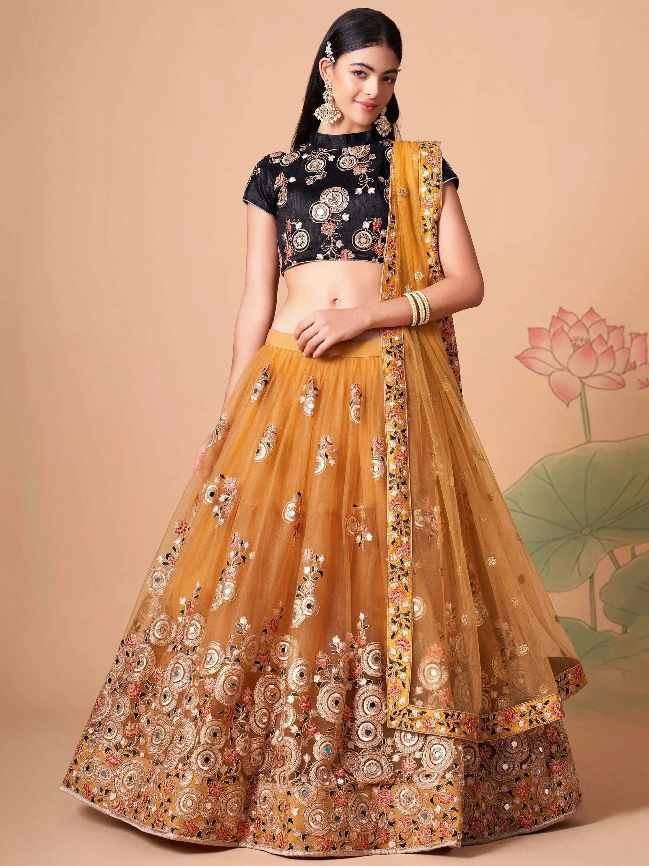 Tulsi Art Fabulous Yellow Mirror Embroidered Net Festive Lehenga Choli | Grocsy