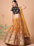 Tulsi Art Fabulous Yellow Mirror Embroidered Net Festive Lehenga Choli | Grocsy