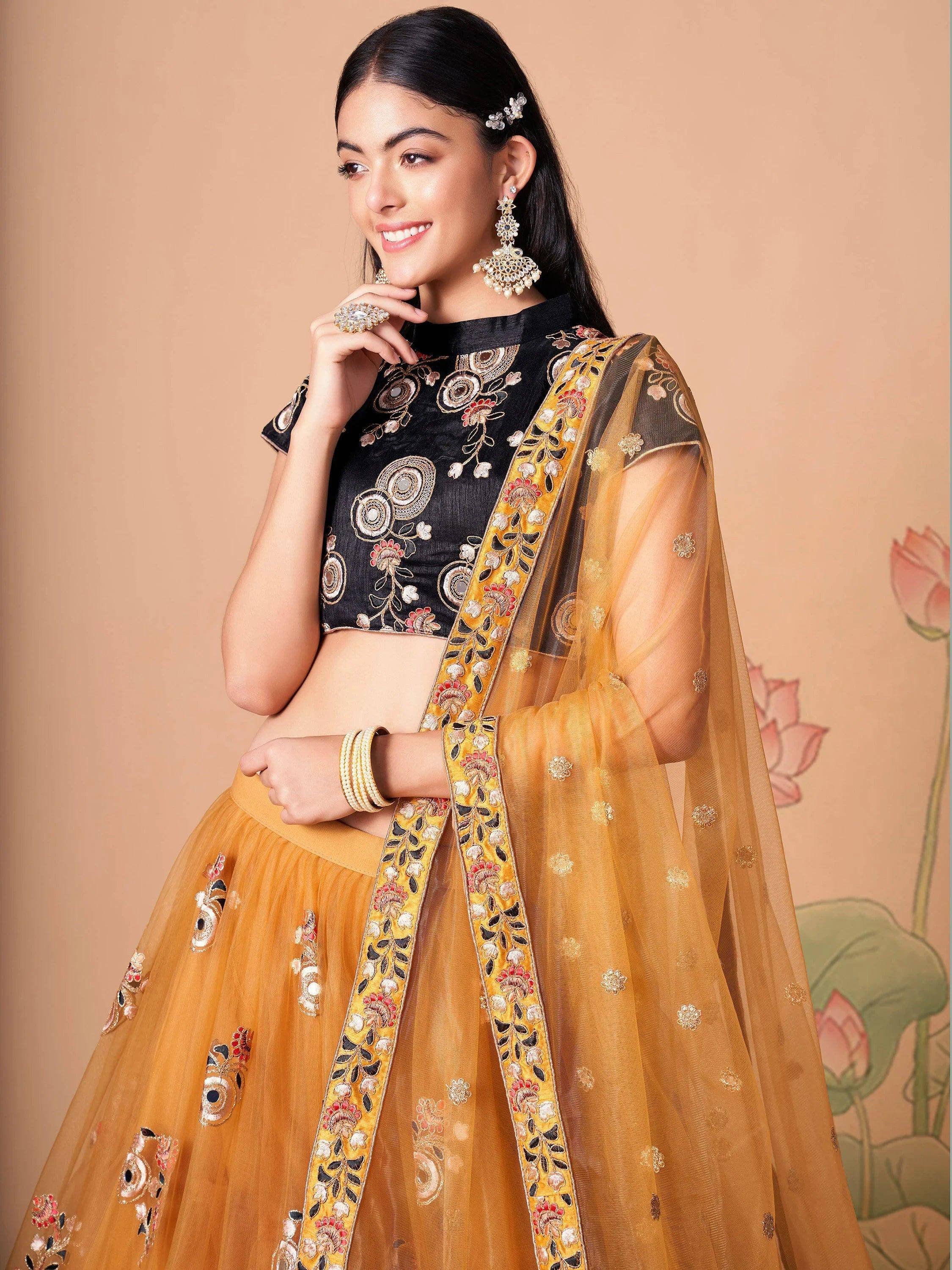 Tulsi Art Fabulous Yellow Mirror Embroidered Net Festive Lehenga Choli | Grocsy