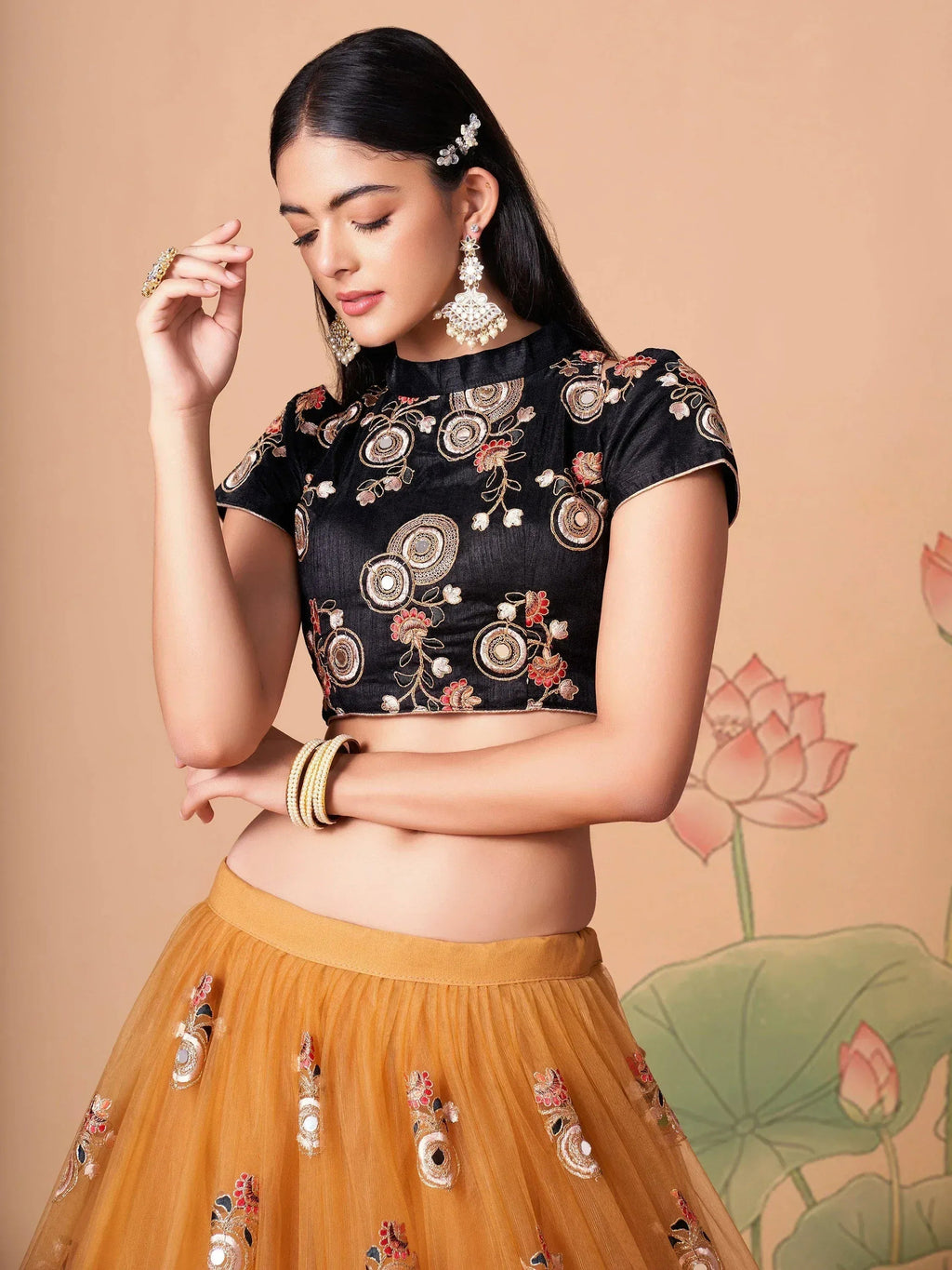 Tulsi Art Fabulous Yellow Mirror Embroidered Net Festive Lehenga Choli | Grocsy