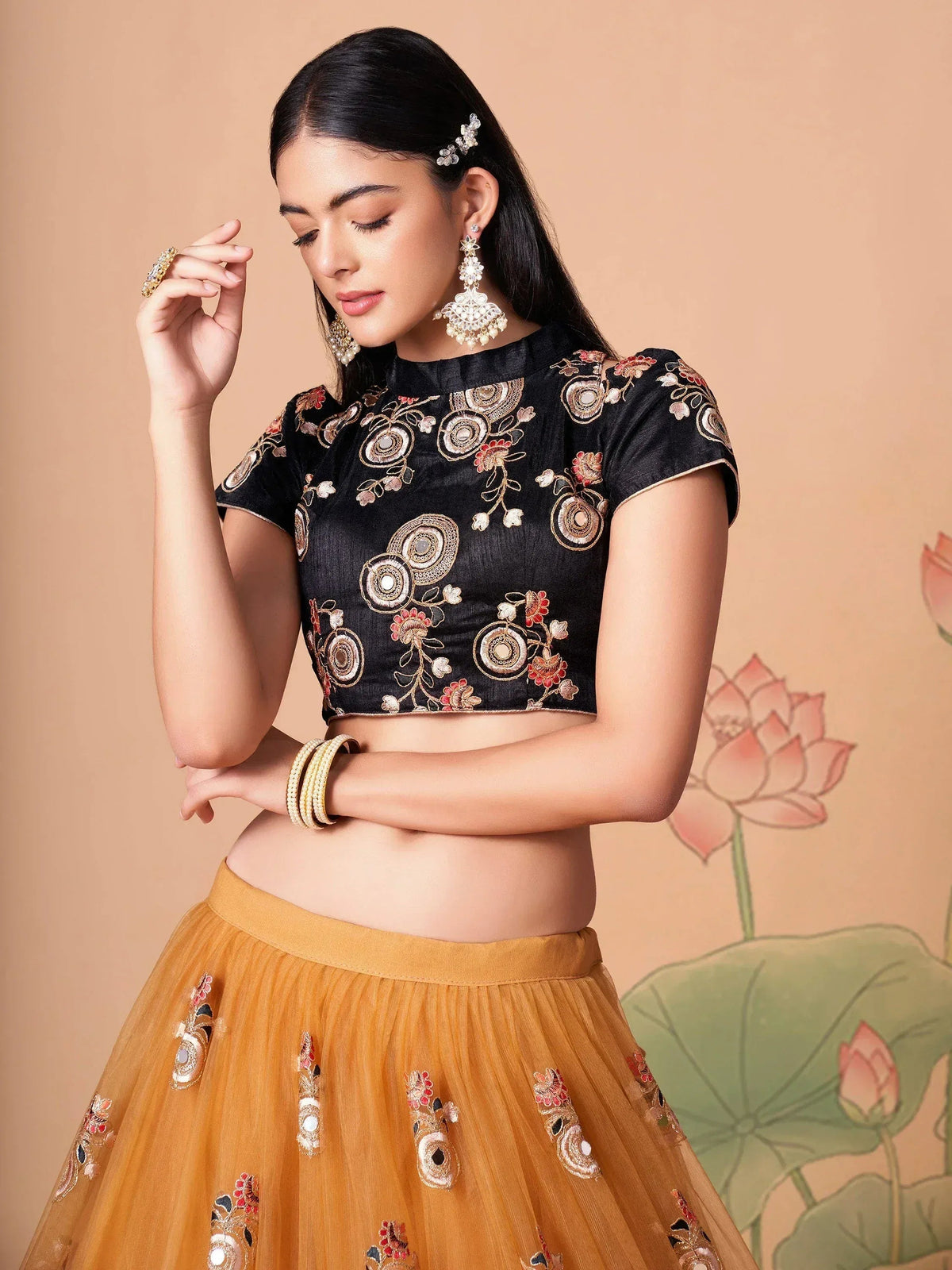 Tulsi Art Fabulous Yellow Mirror Embroidered Net Festive Lehenga Choli | Grocsy