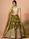 Tulsi Art Gorgeous Olive Green Embroidered Net Wedding Lehenga Choli | Grocsy
