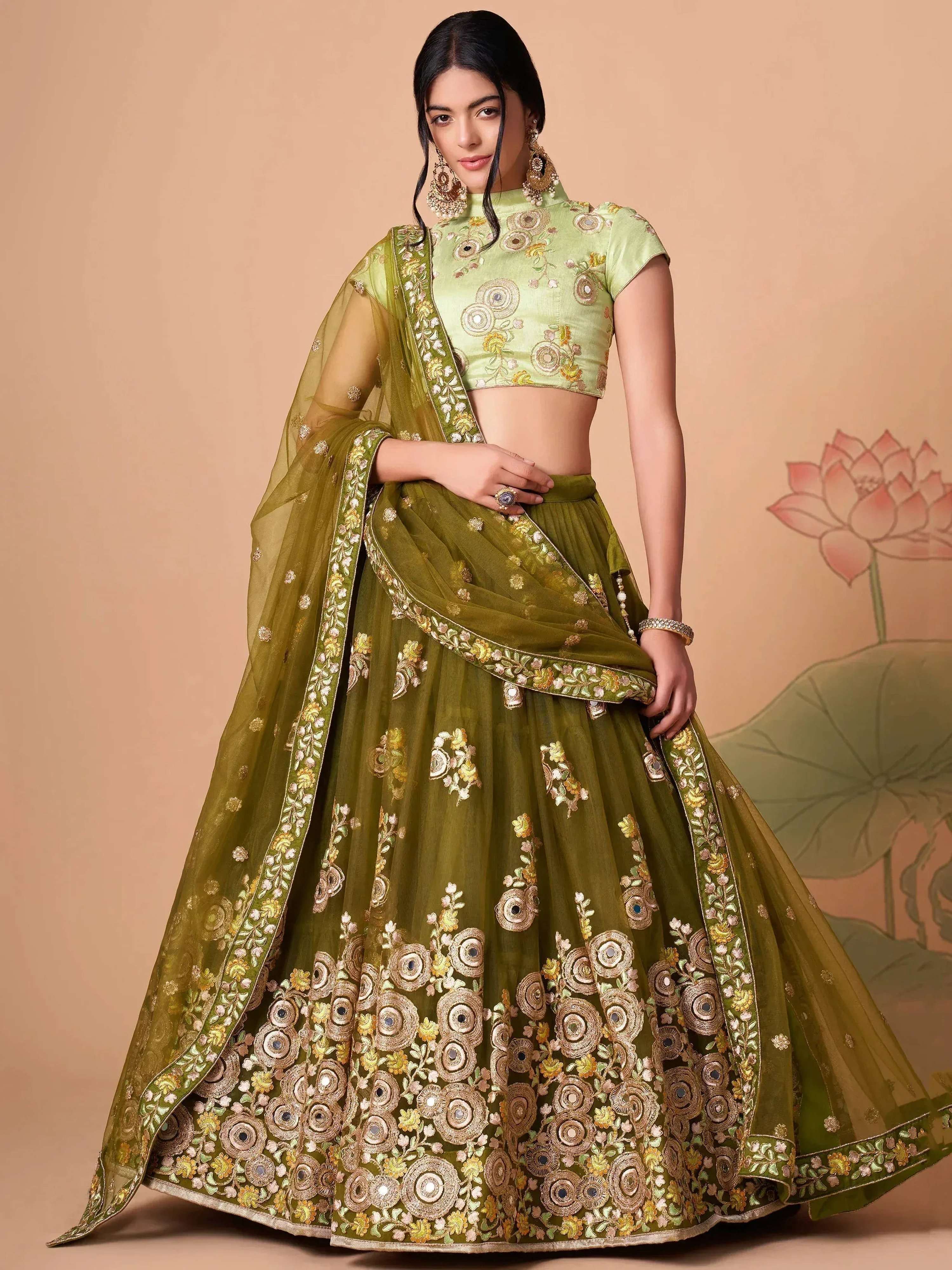 Tulsi Art Gorgeous Olive Green Embroidered Net Wedding Lehenga Choli | Grocsy