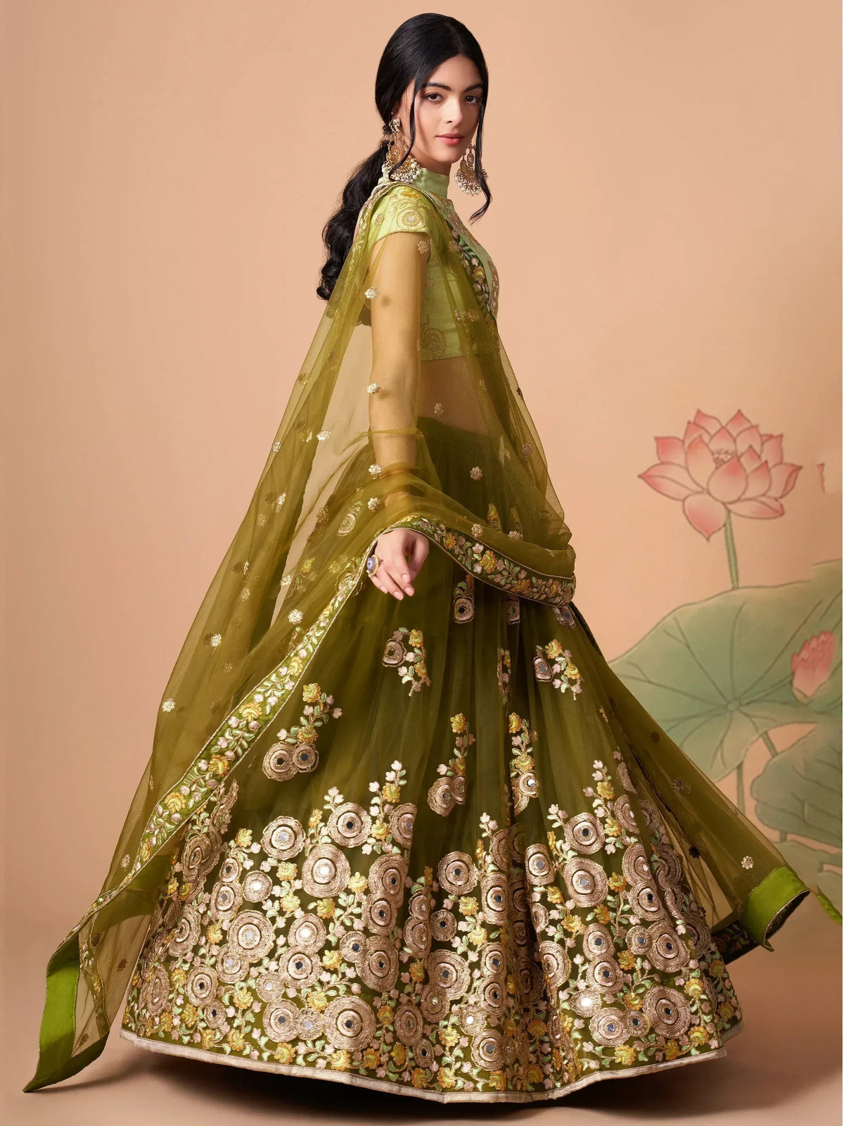 Tulsi Art Gorgeous Olive Green Embroidered Net Wedding Lehenga Choli | Grocsy