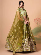 Tulsi Art Gorgeous Olive Green Embroidered Net Wedding Lehenga Choli | Grocsy