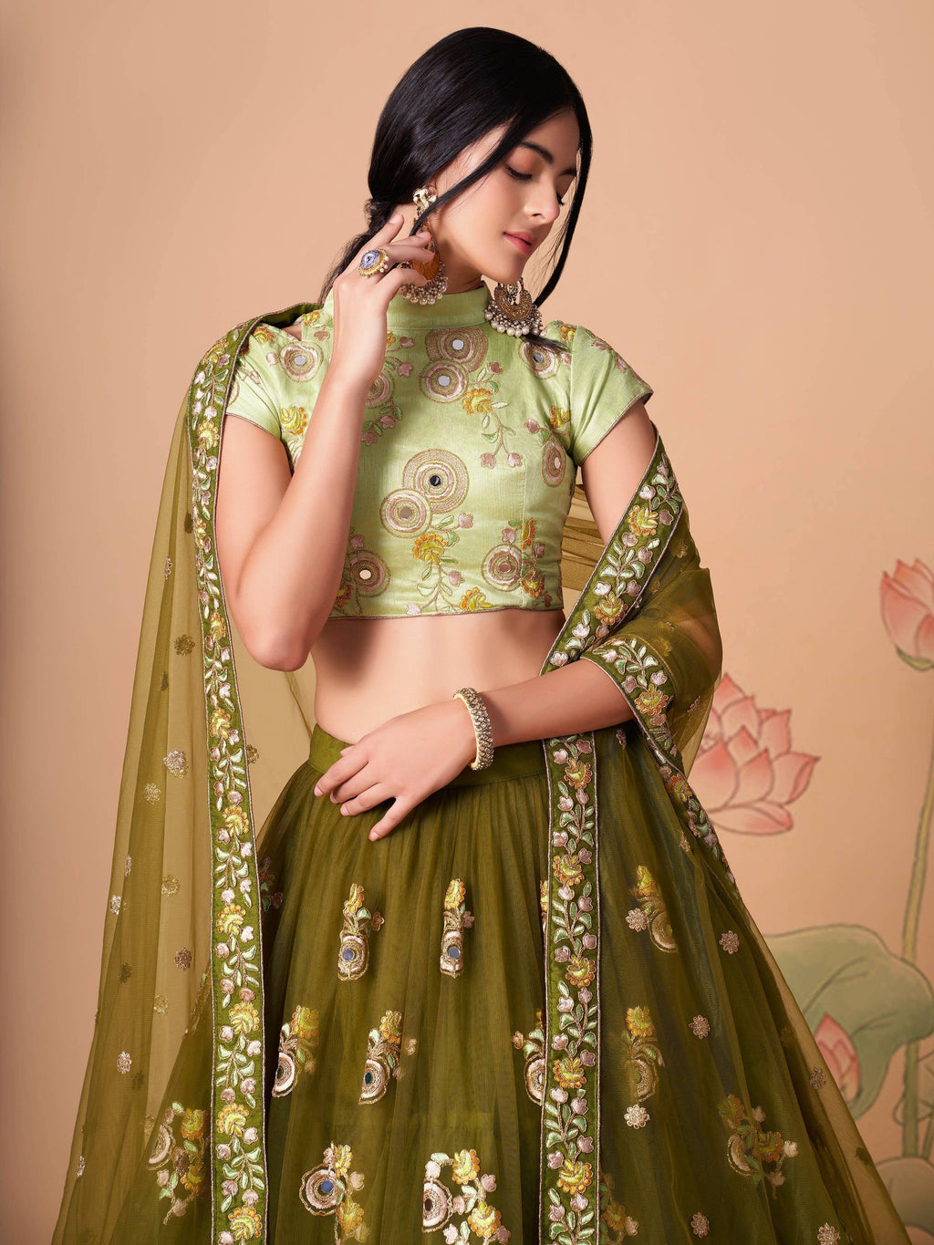 Tulsi Art Gorgeous Olive Green Embroidered Net Wedding Lehenga Choli | Grocsy
