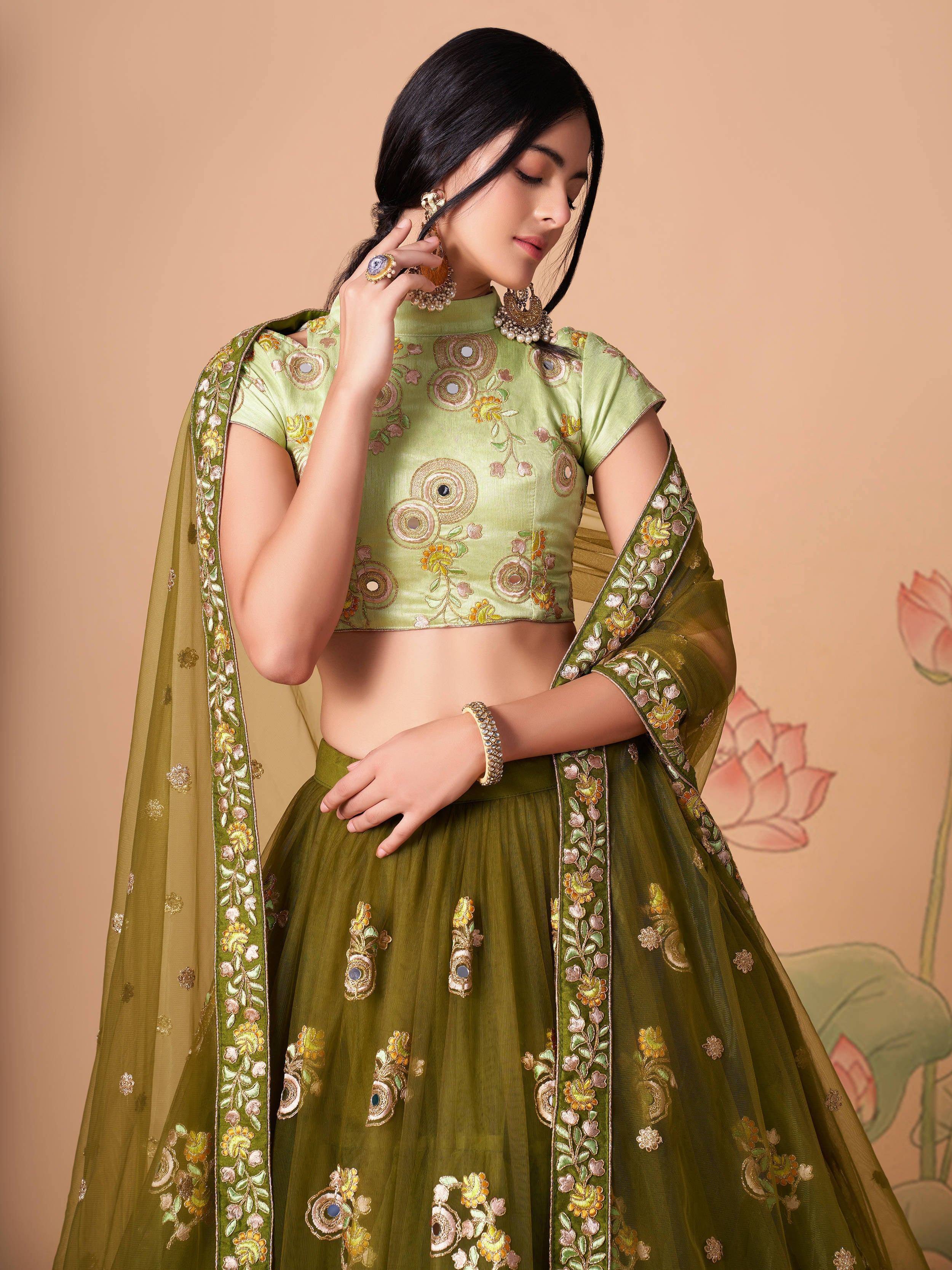 Tulsi Art Gorgeous Olive Green Embroidered Net Wedding Lehenga Choli | Grocsy