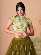 Tulsi Art Gorgeous Olive Green Embroidered Net Wedding Lehenga Choli | Grocsy