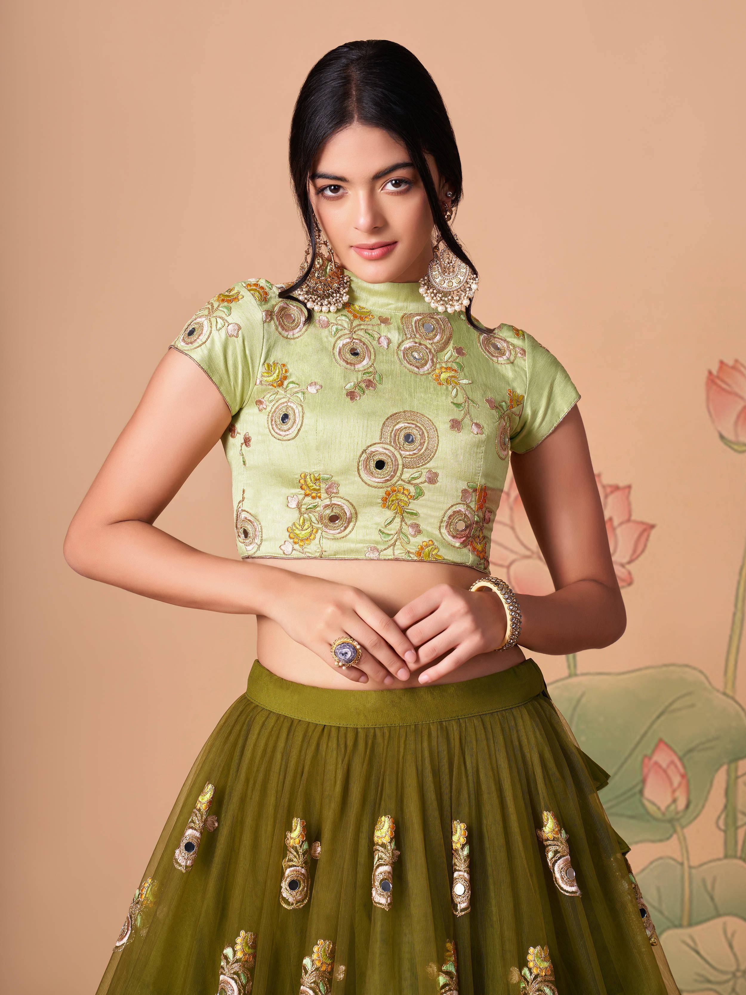 Tulsi Art Gorgeous Olive Green Embroidered Net Wedding Lehenga Choli | Grocsy