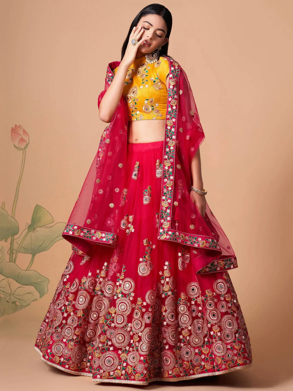 Tulsi Art Vibrant Pink Embroidered Net Designer Lehenga Choli | Grocsy