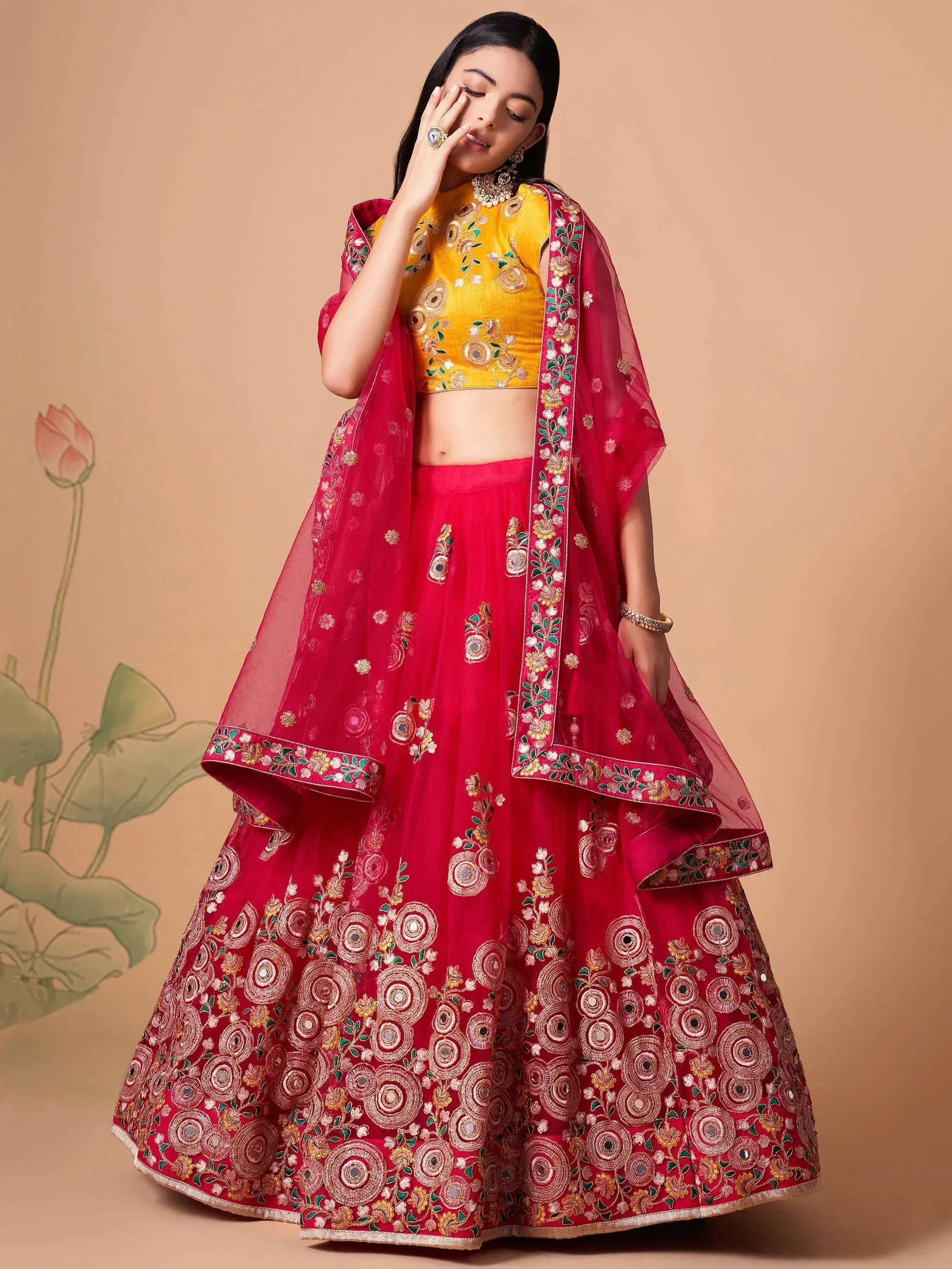 Tulsi Art Vibrant Pink Embroidered Net Designer Lehenga Choli | Grocsy