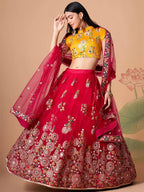 Tulsi Art Vibrant Pink Embroidered Net Designer Lehenga Choli | Grocsy