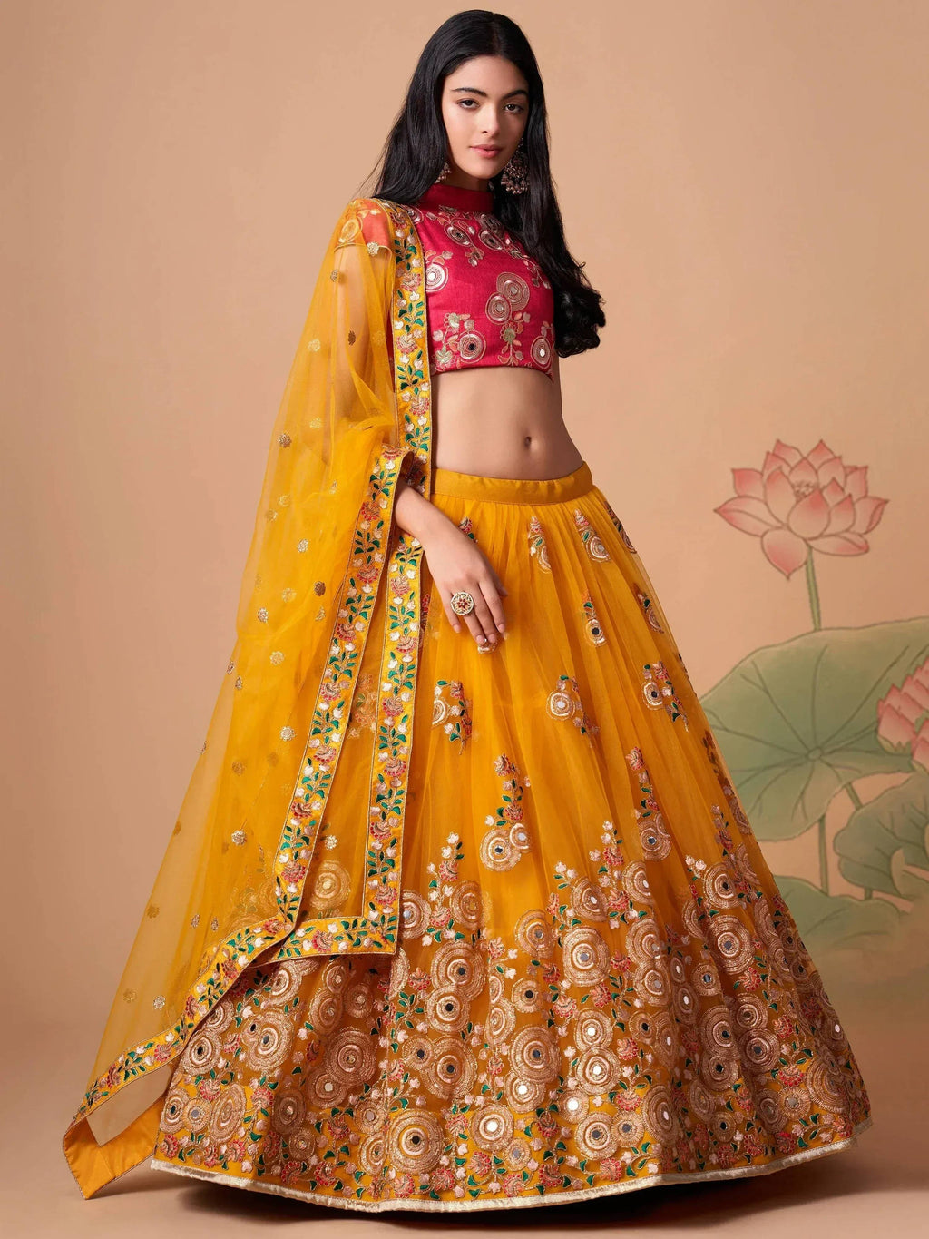 Tulsi Art Dazzling Yellow Sequins Work Net Designer Lehenga Choli | Grocsy