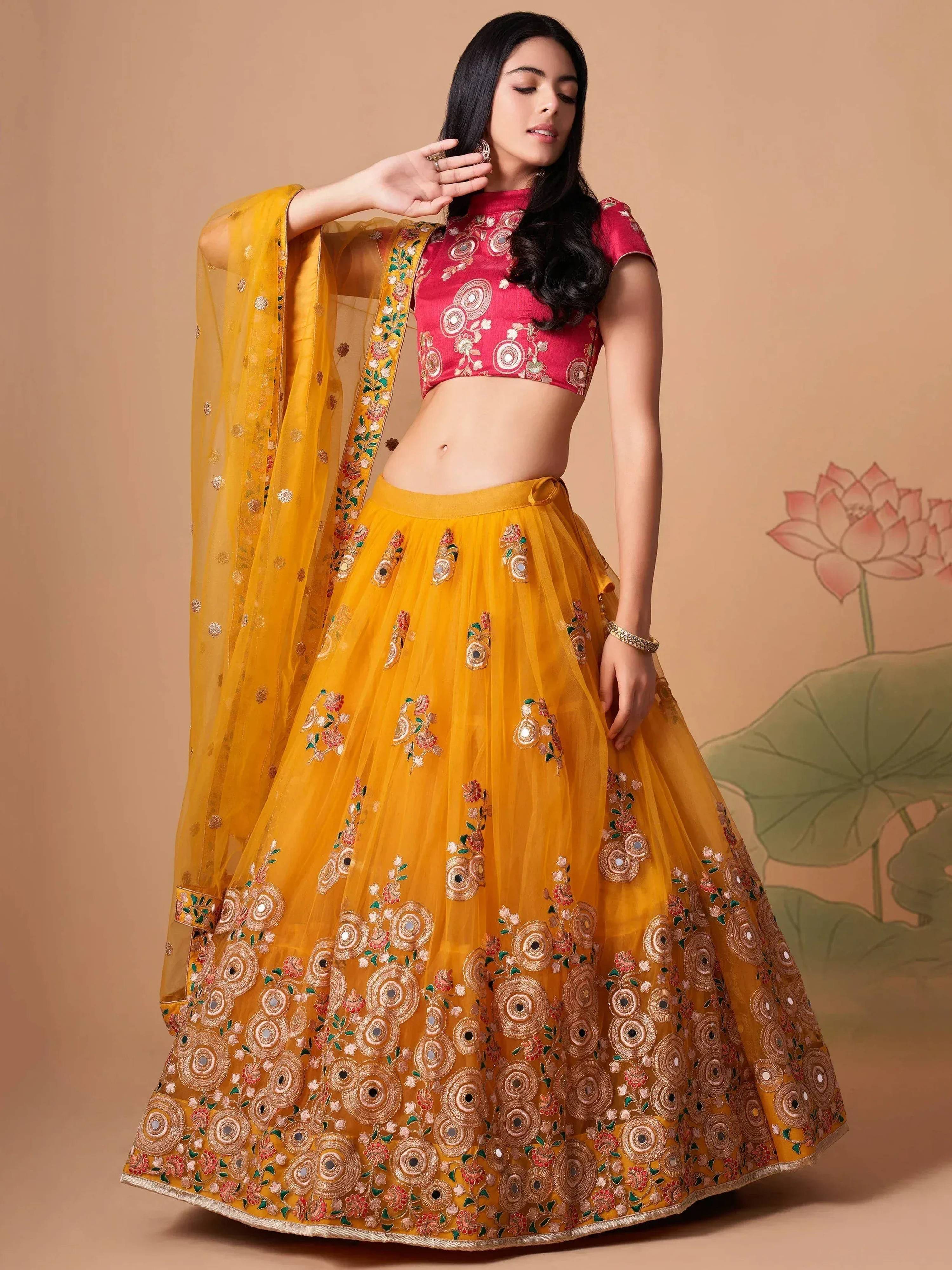 Tulsi Art Dazzling Yellow Sequins Work Net Designer Lehenga Choli | Grocsy