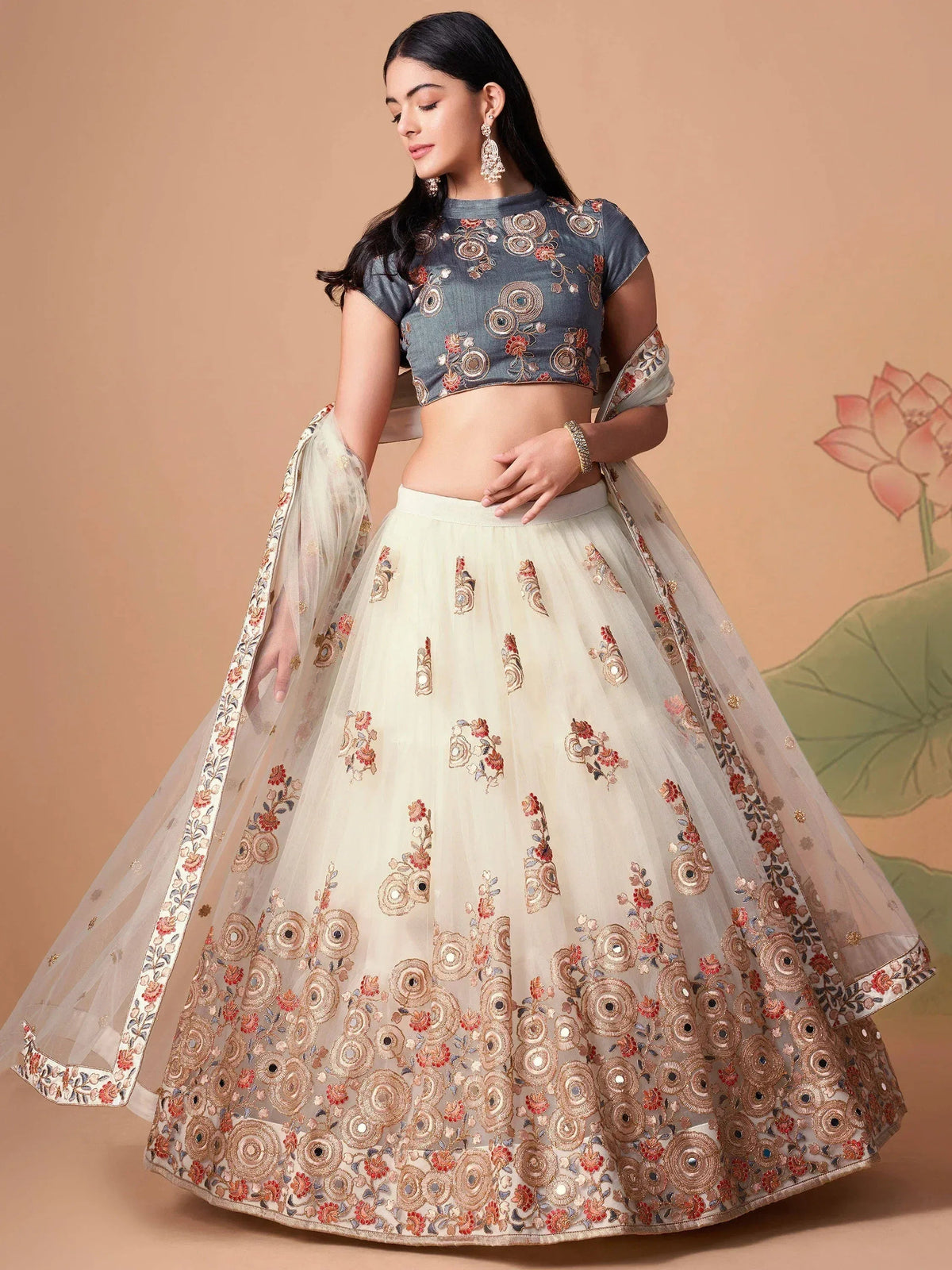 Tulsi Art Pretty Ivory Embroidered Net Party Wear Lehenga Choli | Grocsy