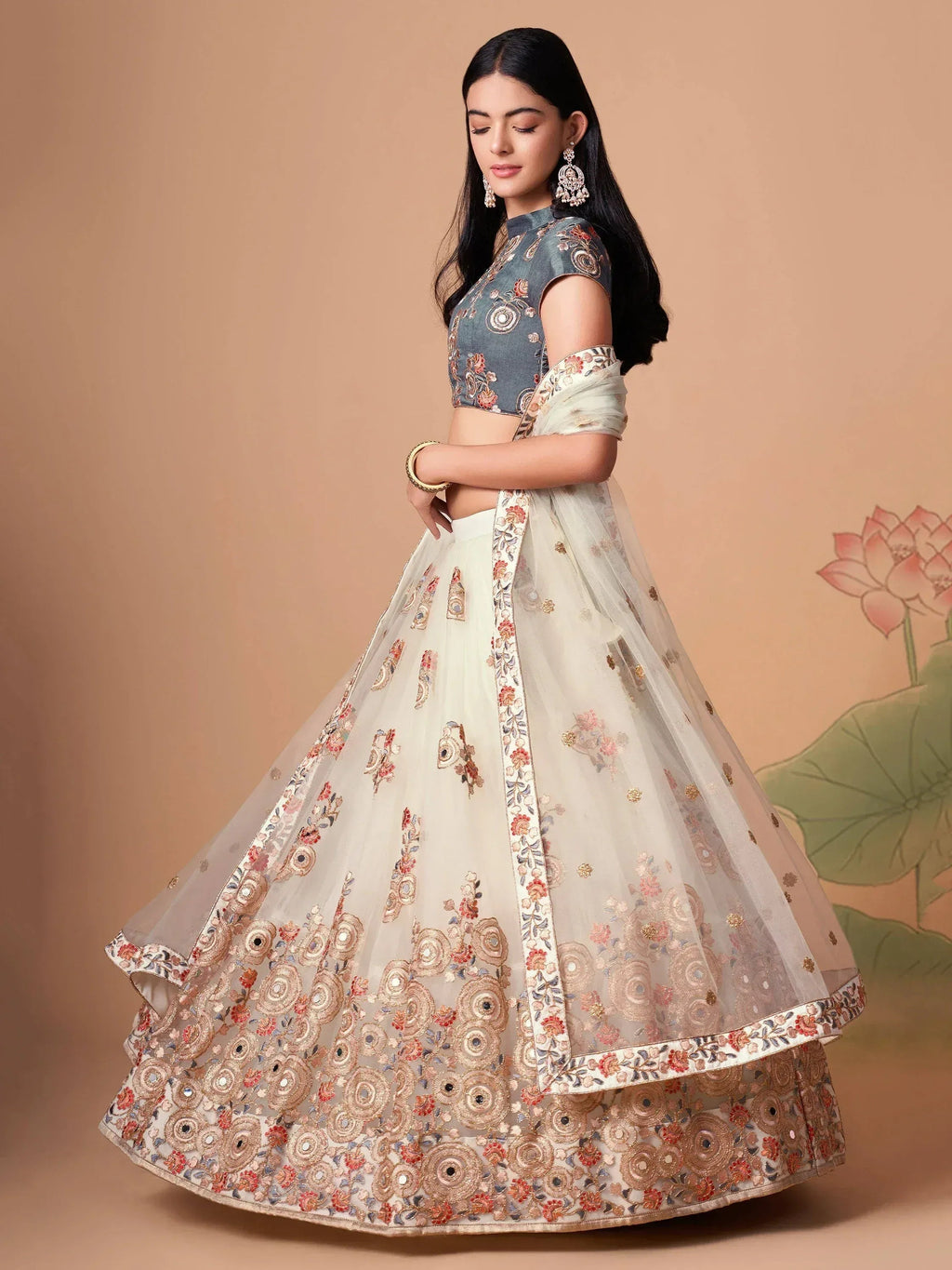 Tulsi Art Pretty Ivory Embroidered Net Party Wear Lehenga Choli | Grocsy
