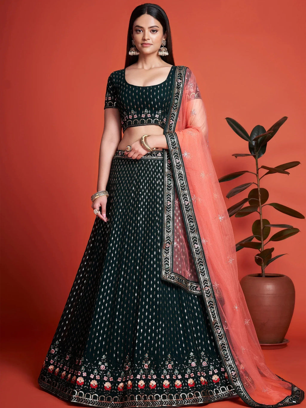 Tulsi Art Splendid Bottle Green Sequined Georgette Bridesmaid Lehenga Choli | Grocsy
