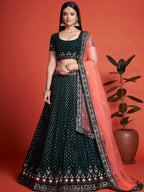 Tulsi Art Splendid Bottle Green Sequined Georgette Bridesmaid Lehenga Choli | Grocsy