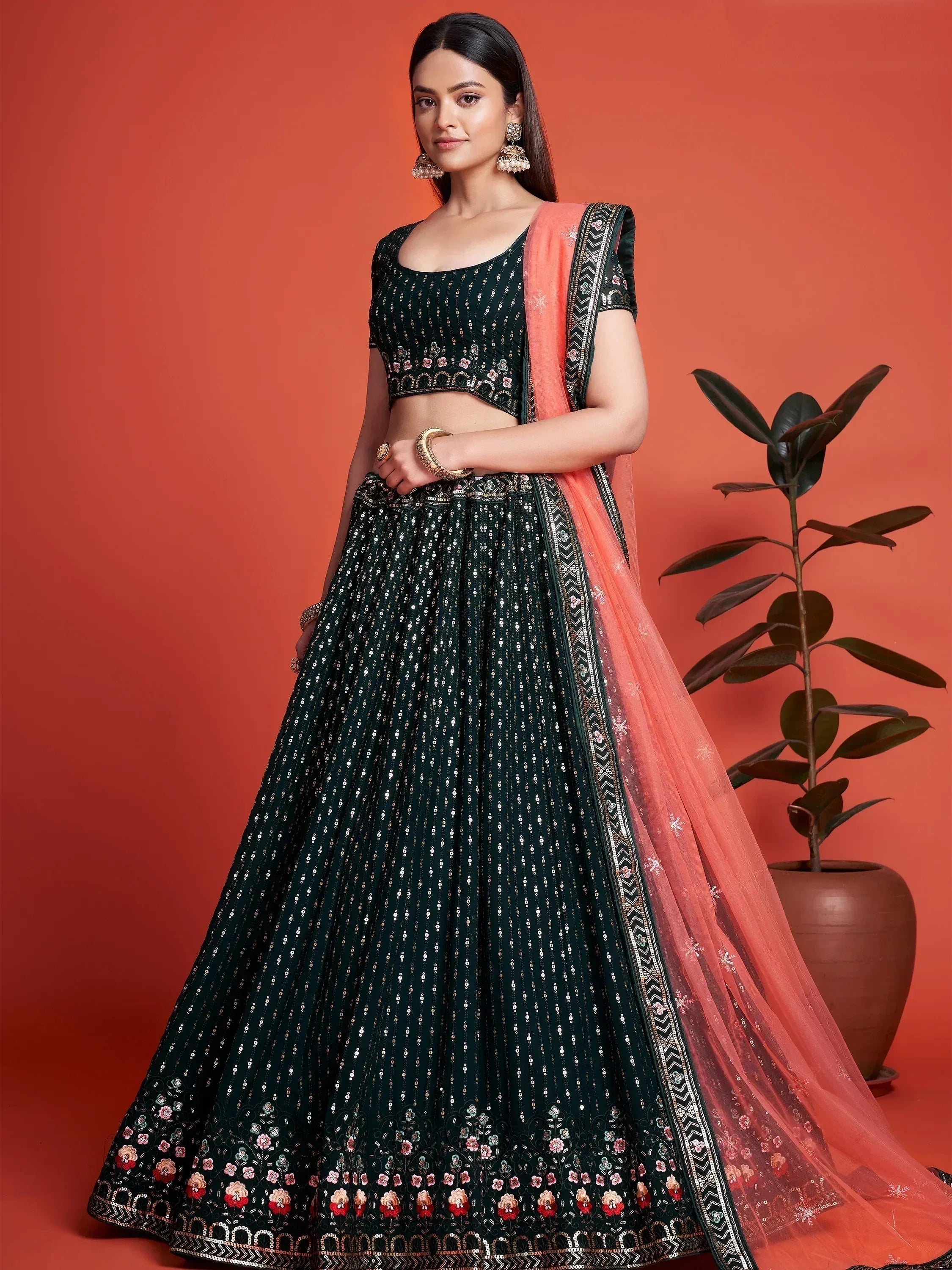 Tulsi Art Splendid Bottle Green Sequined Georgette Bridesmaid Lehenga Choli | Grocsy