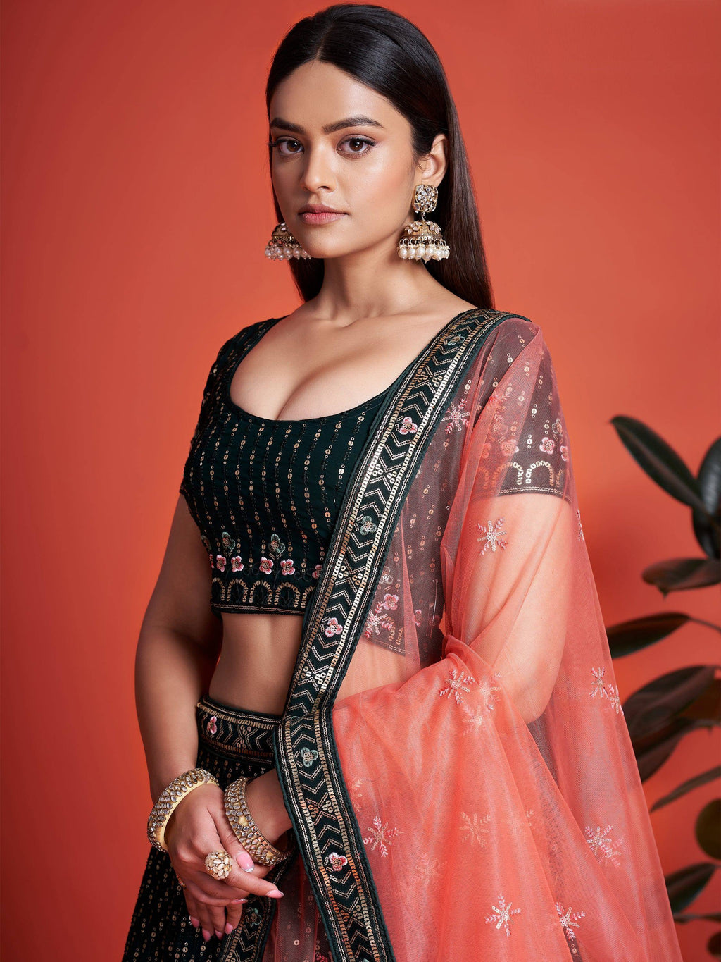 Tulsi Art Splendid Bottle Green Sequined Georgette Bridesmaid Lehenga Choli | Grocsy