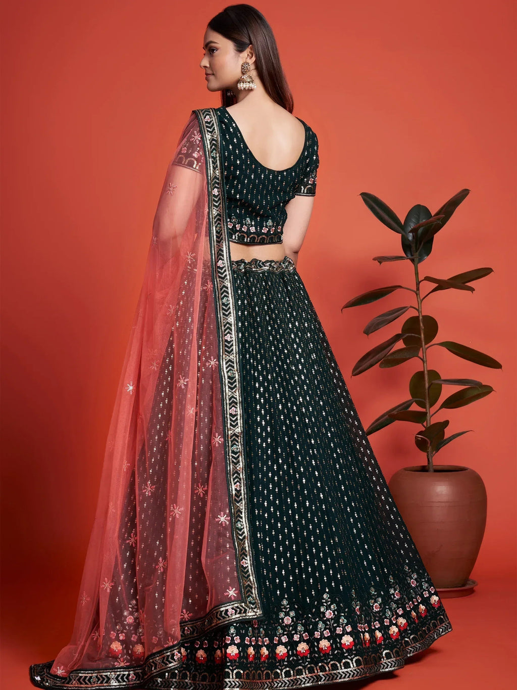 Tulsi Art Splendid Bottle Green Sequined Georgette Bridesmaid Lehenga Choli | Grocsy
