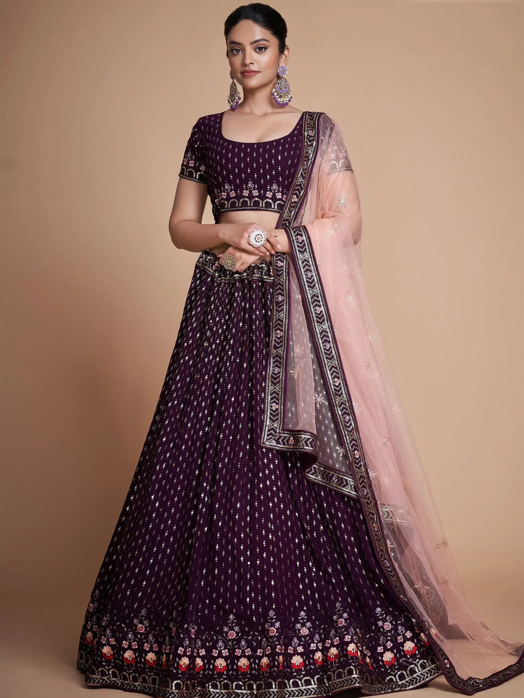 Tulsi Art Fantastic Wine Thread Embroidery Georgette Sangeet Party Lehenga Choli | Grocsy