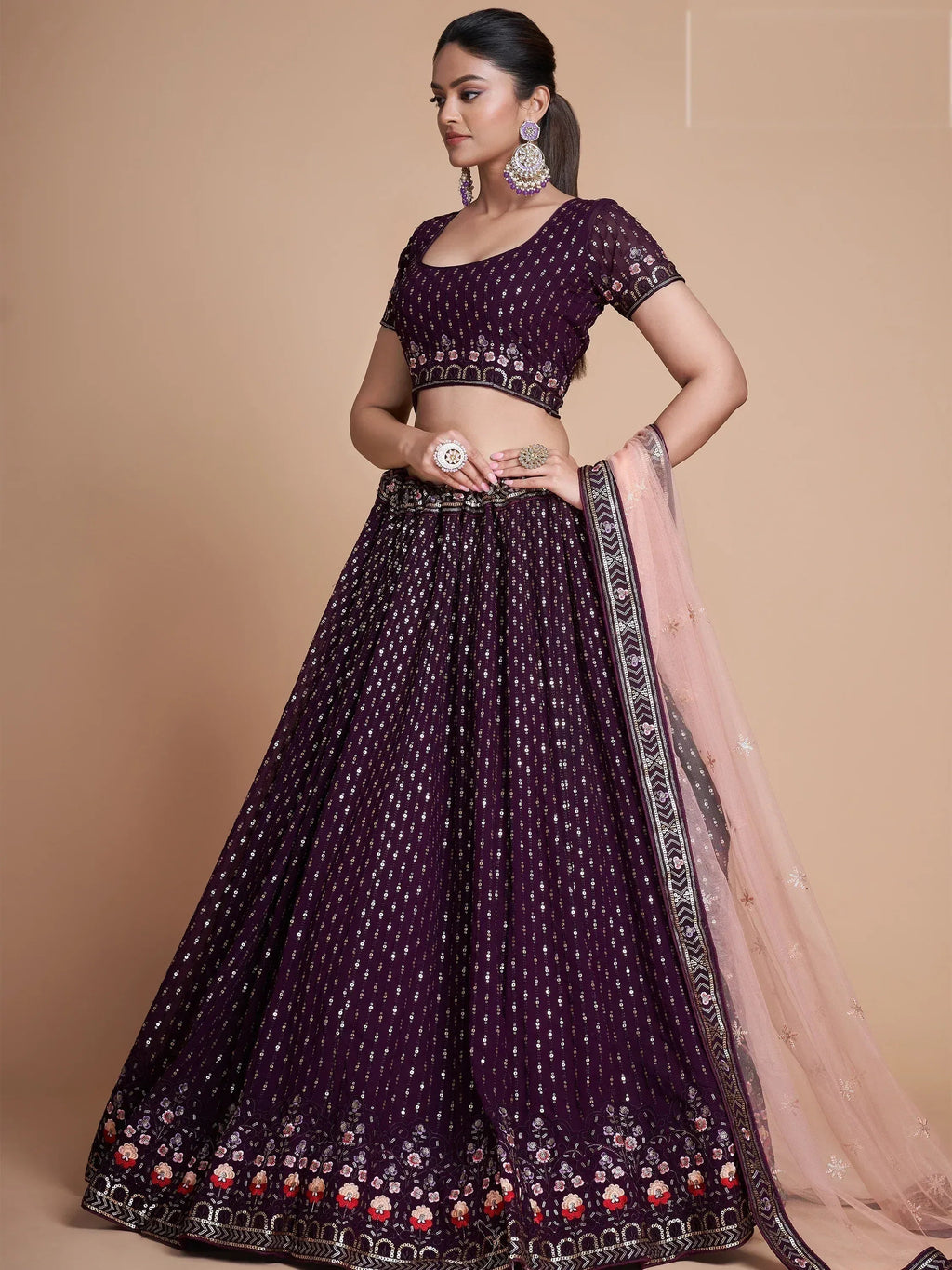 Tulsi Art Fantastic Wine Thread Embroidery Georgette Sangeet Party Lehenga Choli | Grocsy