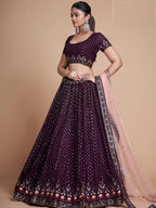 Tulsi Art Fantastic Wine Thread Embroidery Georgette Sangeet Party Lehenga Choli | Grocsy