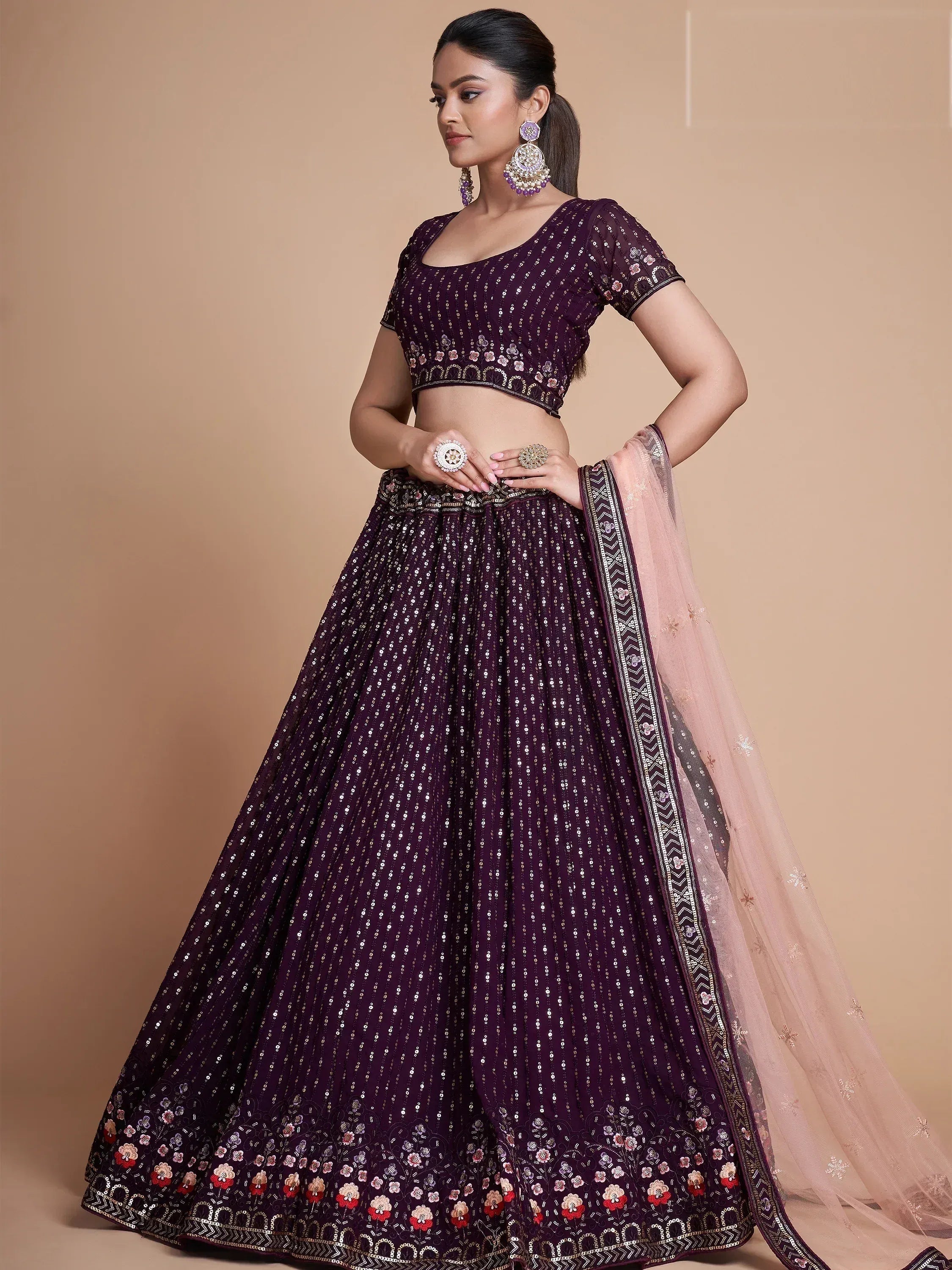 Tulsi Art Fantastic Wine Thread Embroidery Georgette Sangeet Party Lehenga Choli | Grocsy