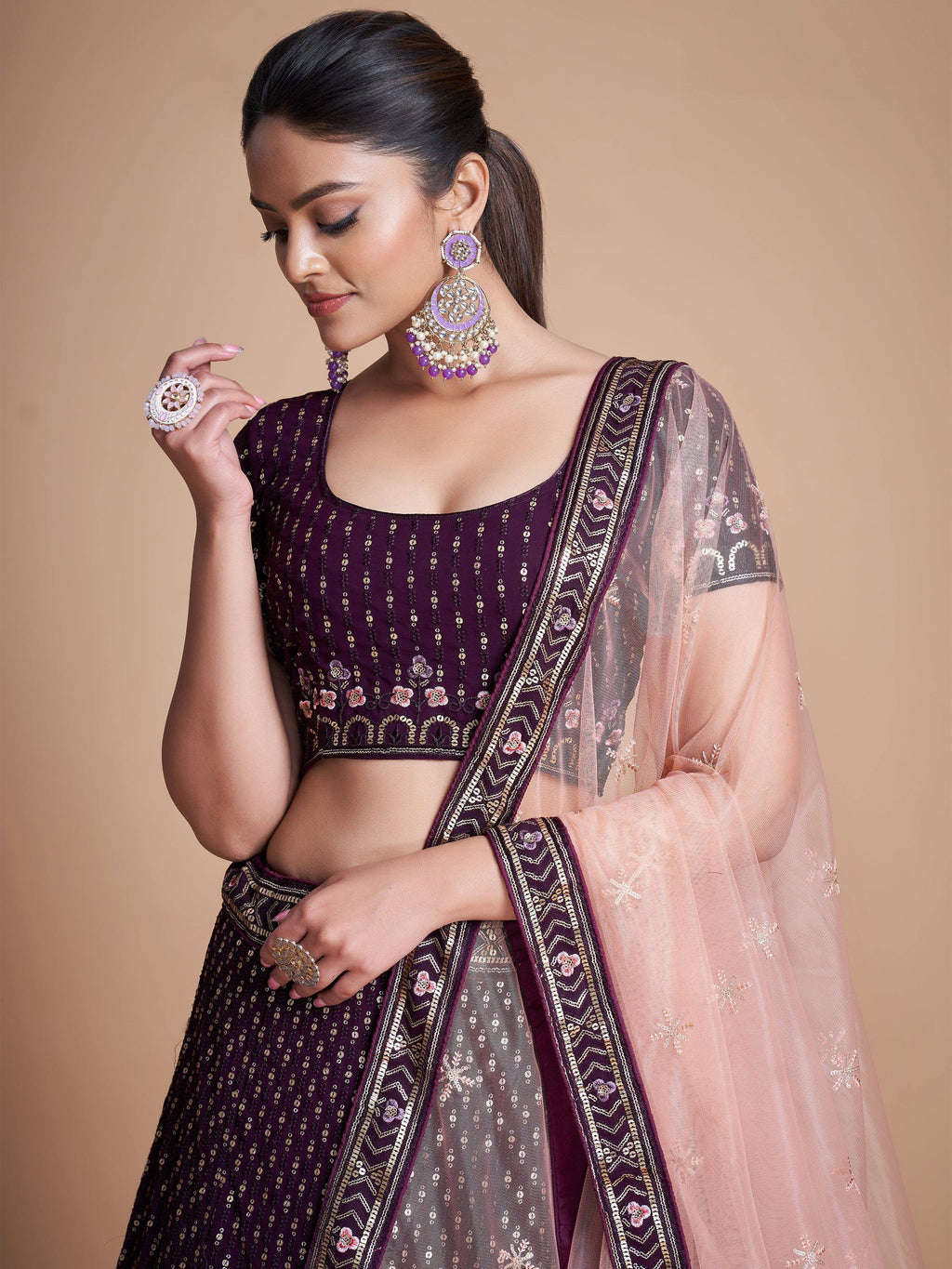 Tulsi Art Fantastic Wine Thread Embroidery Georgette Sangeet Party Lehenga Choli | Grocsy
