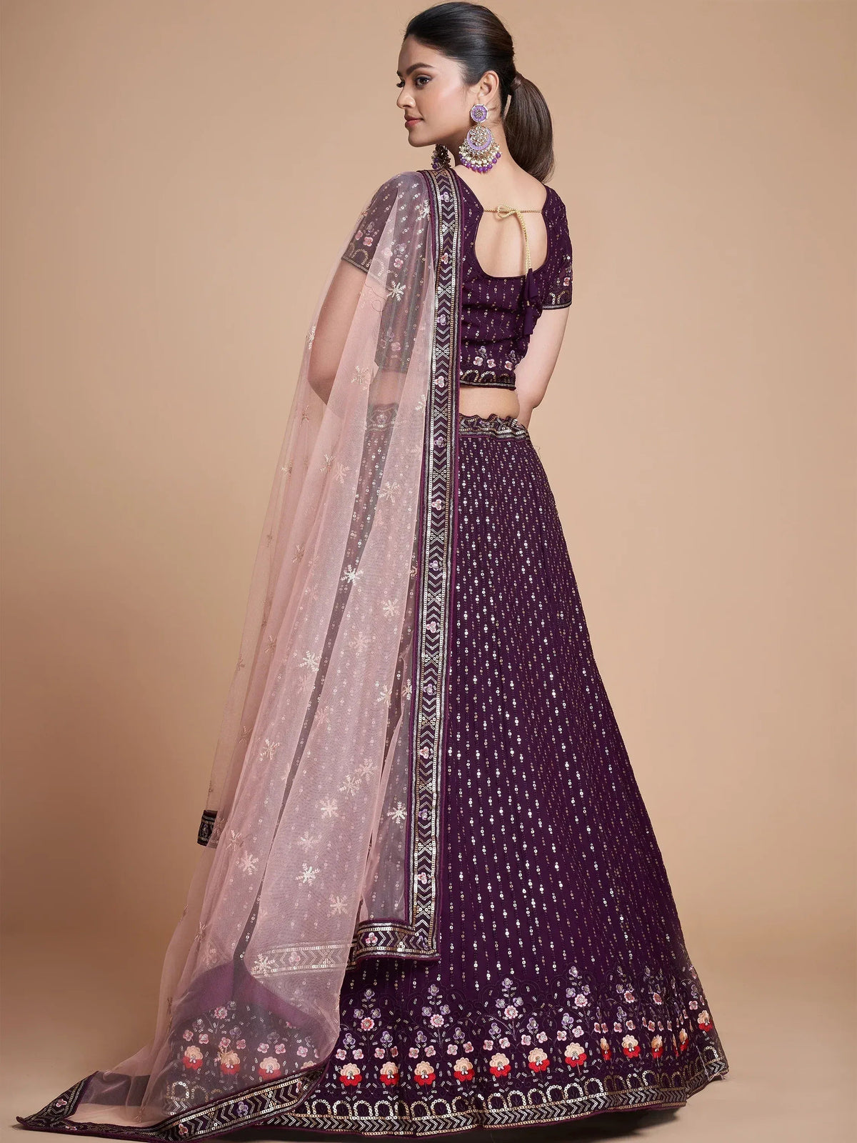 Tulsi Art Fantastic Wine Thread Embroidery Georgette Sangeet Party Lehenga Choli | Grocsy