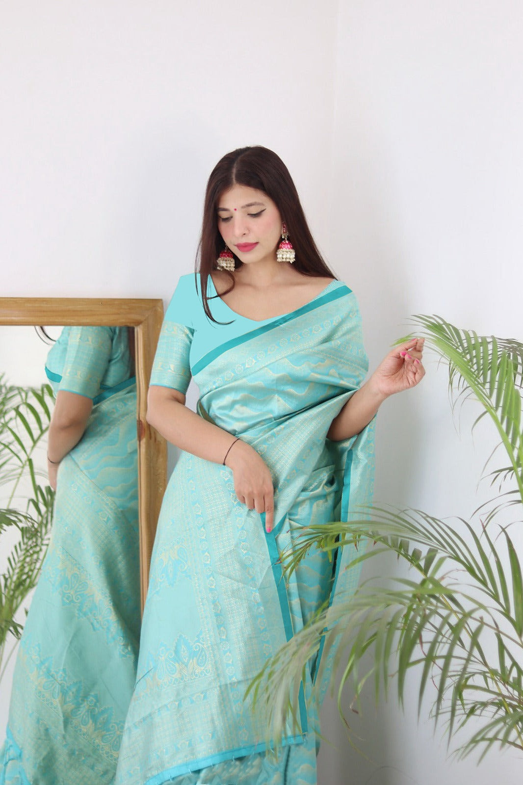 Vamika Weaving Banarasi Jacquard rama Kanjivaram Saree | Grocsy