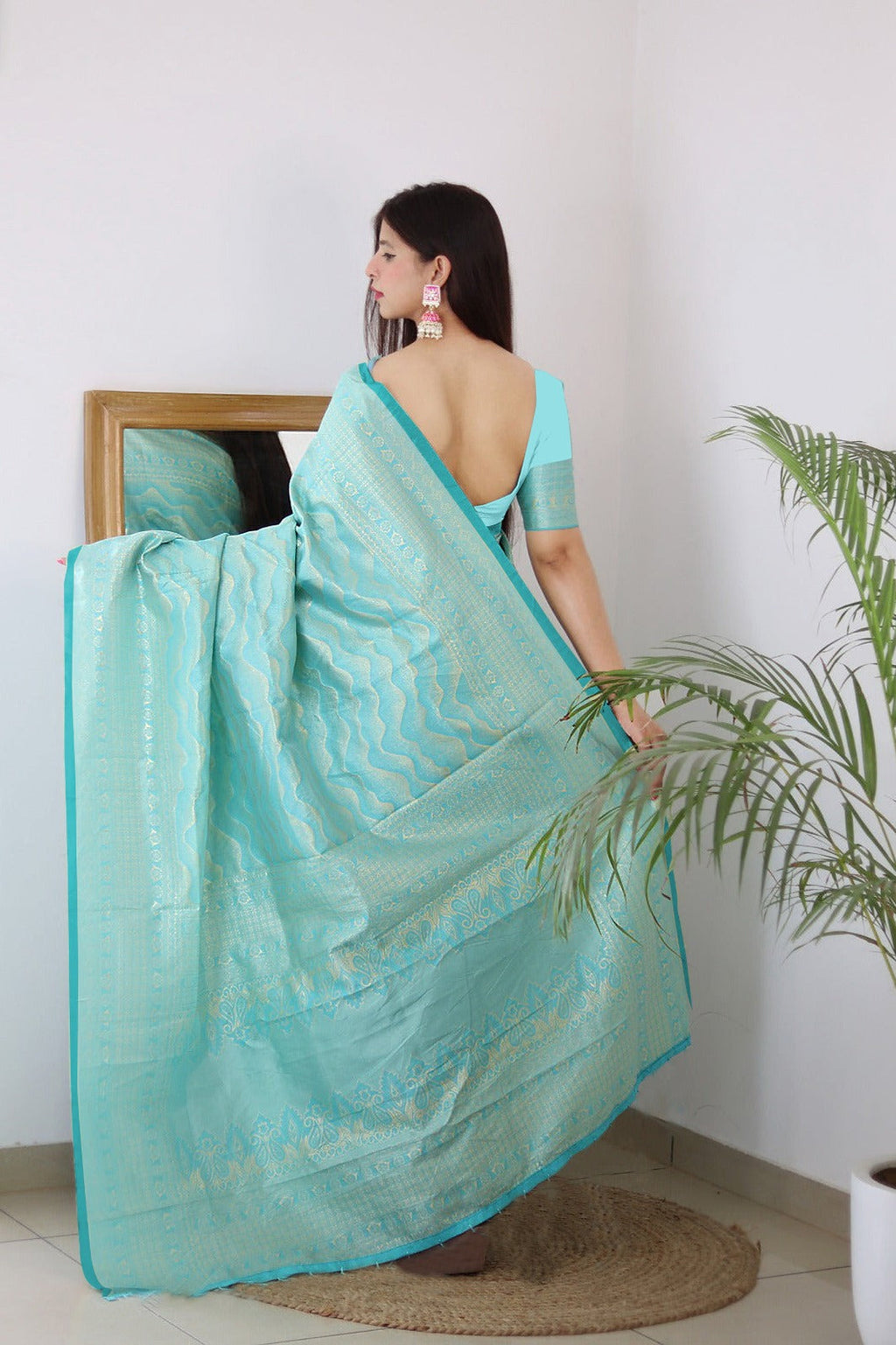 Vamika Weaving Banarasi Jacquard rama Kanjivaram Saree | Grocsy