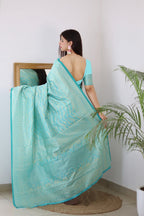 Vamika Weaving Banarasi Jacquard rama Kanjivaram Saree | Grocsy