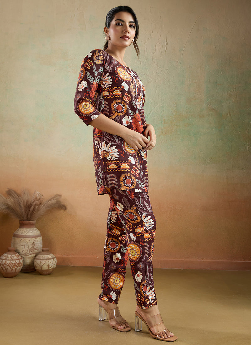 Prazu Fashion Brown Printed Cotton Reyon Festival Wear Co-Ord Set | Grocsy