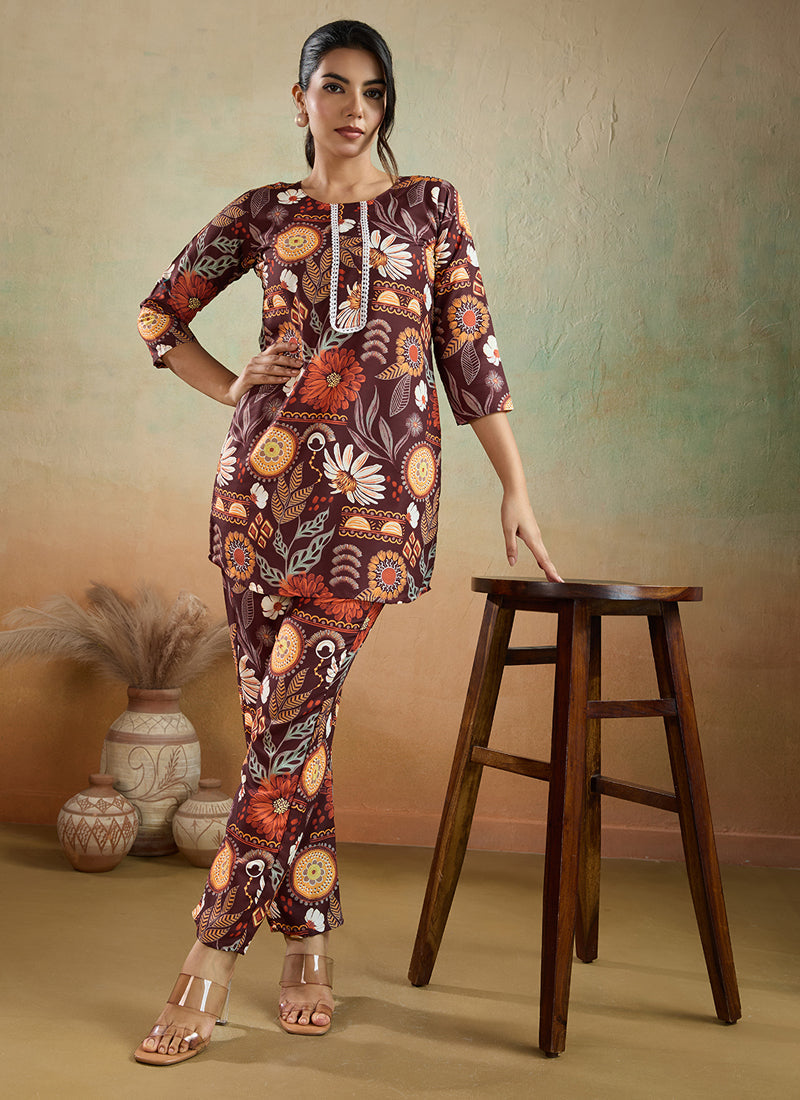 Prazu Fashion Brown Printed Cotton Reyon Festival Wear Co-Ord Set | Grocsy