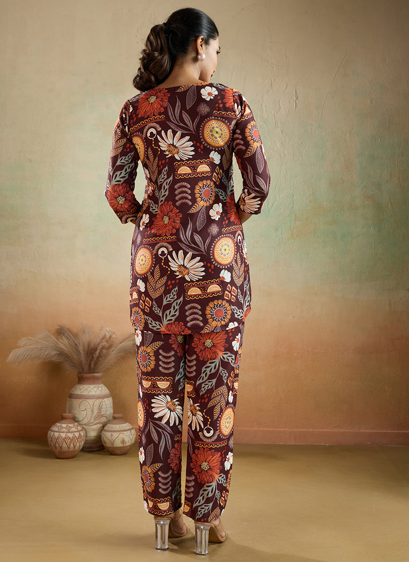 Prazu Fashion Brown Printed Cotton Reyon Festival Wear Co-Ord Set | Grocsy