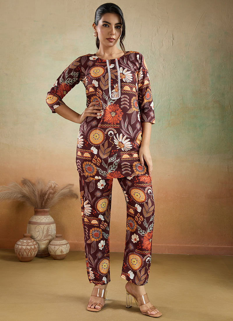 Prazu Fashion Brown Printed Cotton Reyon Festival Wear Co-Ord Set | Grocsy
