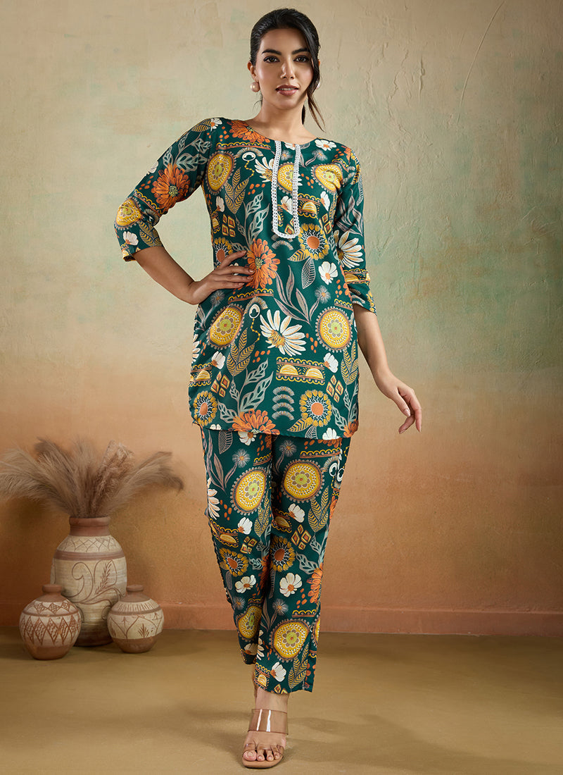 Prazu Fashion Green Printed Cotton Reyon Festival Wear Co-Ord Set | Grocsy