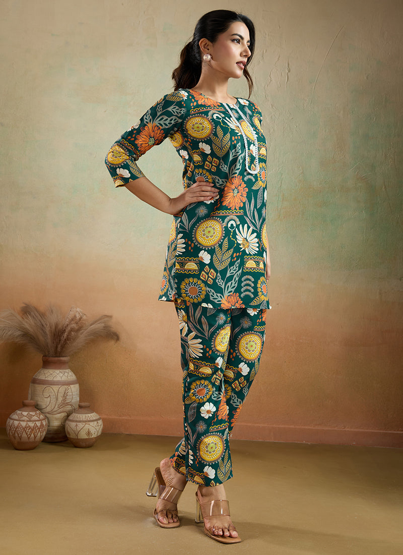 Prazu Fashion Green Printed Cotton Reyon Festival Wear Co-Ord Set | Grocsy